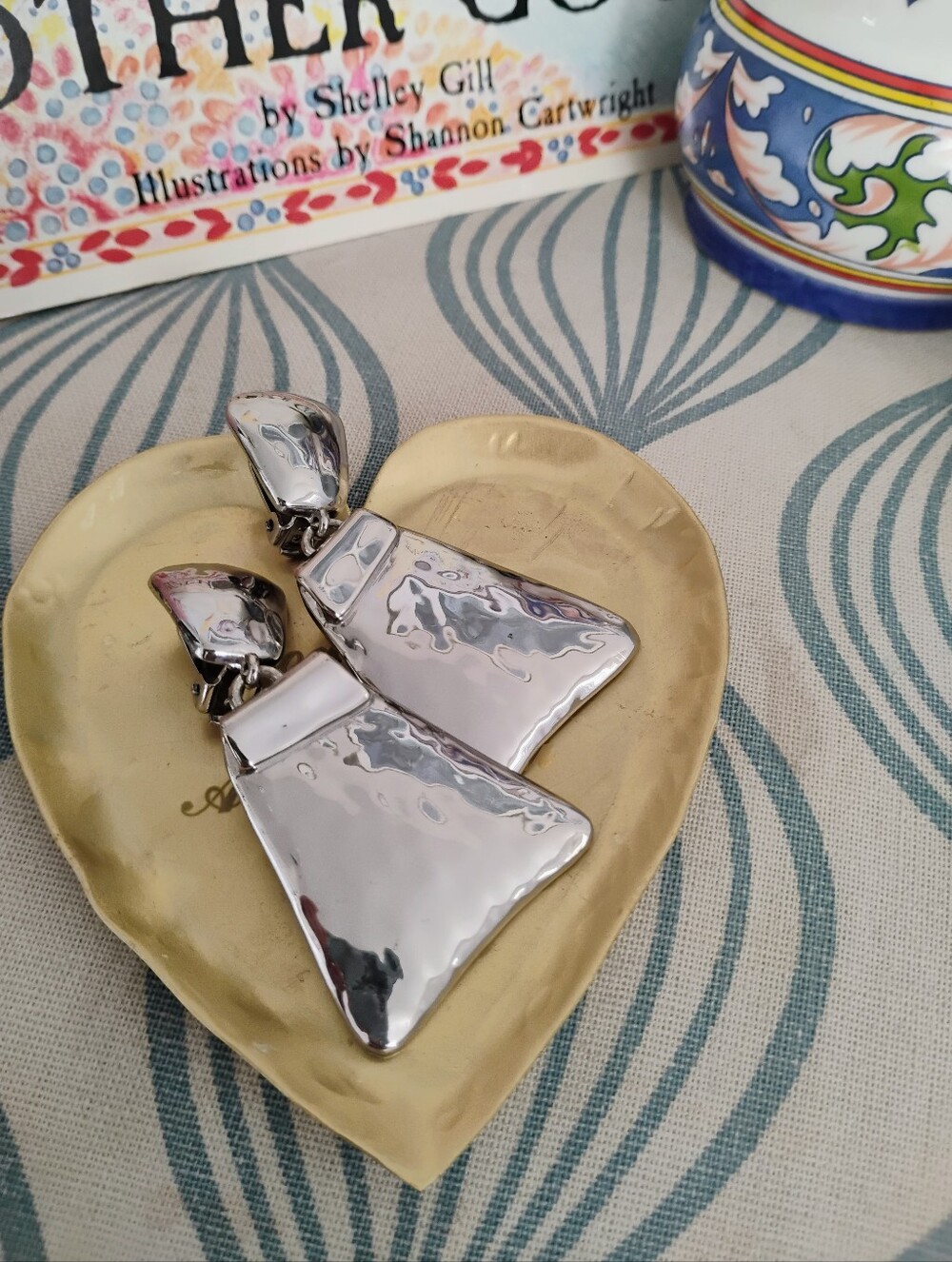 Silver Tone, Hammered Metal Statement Earrings, Clip On
